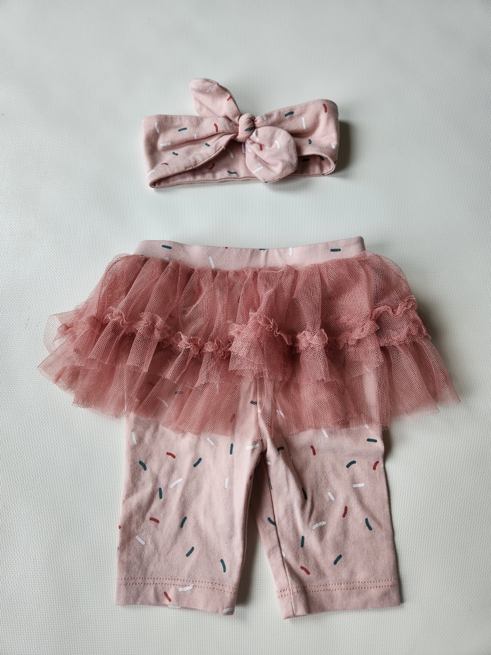 Pink Tulle Skirted Leggings and Headband Set With Sprinkles Pattern And Tutu